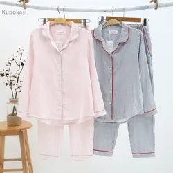 Kupokasi Vrouwen Katoenen Pyjama Set 2 Stuks Nachtkleding Gestreepte Lange Mouwen Meisje Nachtkleding Zomer Herfst Casual Lounge Wear