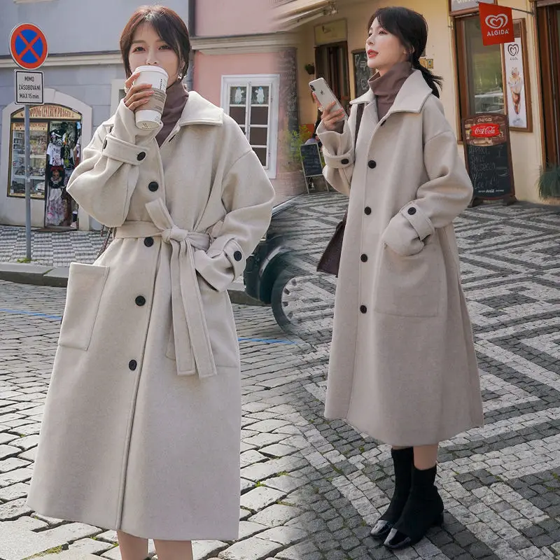 

Autumn winter long wool coats woman solid thick warm woolen jacket korean elegant vintage overcoat women fall clothing Fad tops