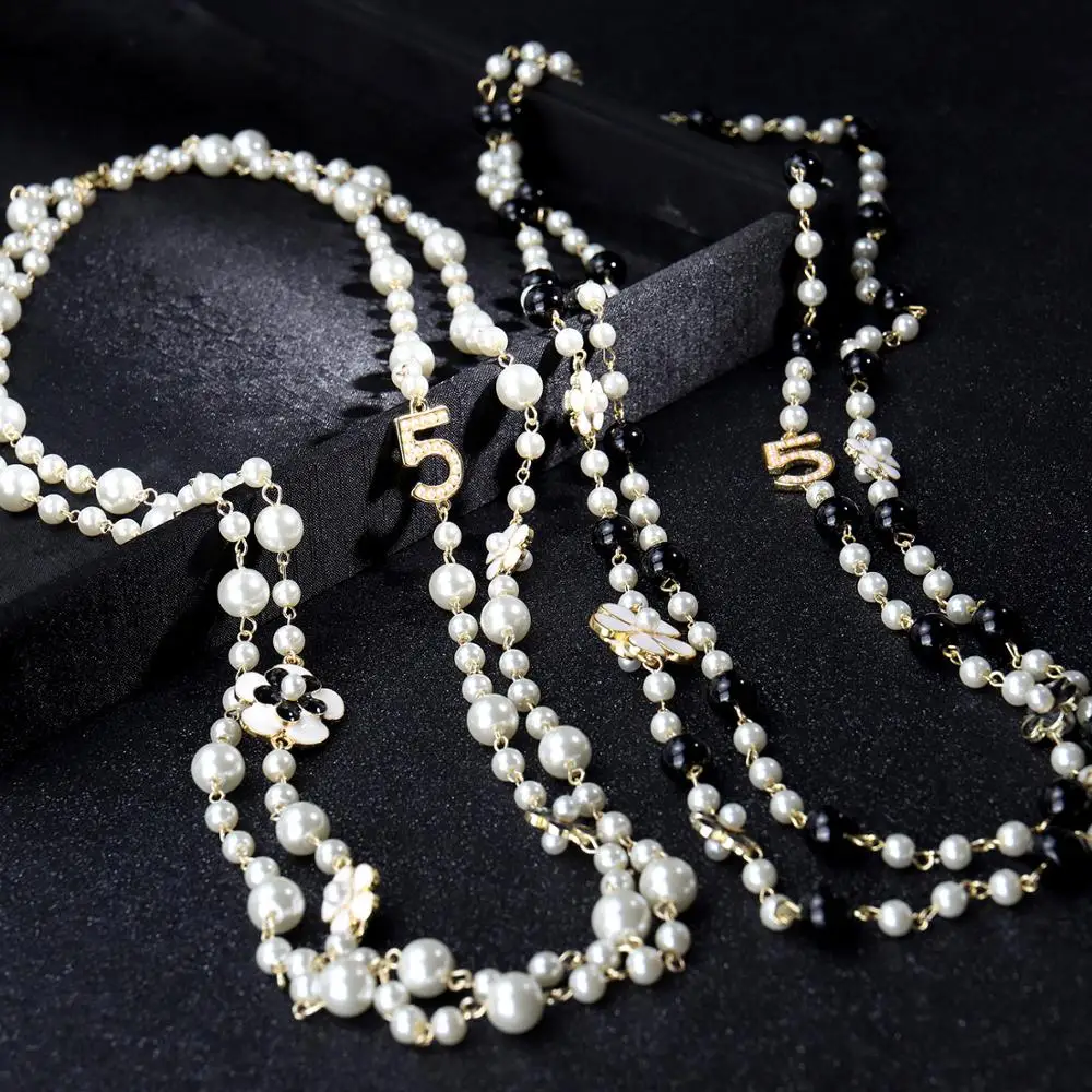 Long Simulated Pearl Necklace For Women No.5 Double Layer Pendant Long CC Necklace Sweater Chain Party Camellia Nacklace