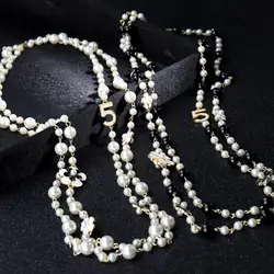 Long Simulated Pearl Necklace For Women No.5 Double Layer Pendant Long CC Necklace Sweater Chain Party Camellia Nacklace