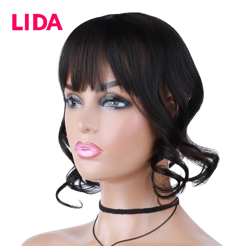 Lida Wig Keriting Klip-in Wig Penutup Ekstensi Rambut Campuran dengan Poni Bagian Tengah Wig Garis Rambut Alami untuk Wanita