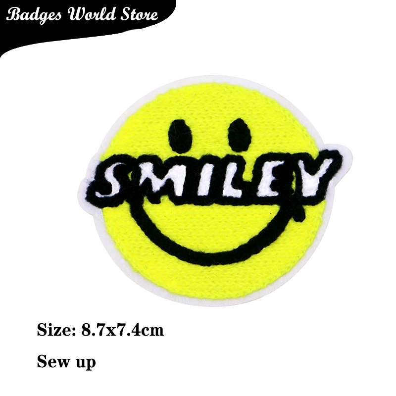 Round Yellow Smile Heart-shaped Chenille Icon Towel Embroidery Applique Patches For Clothing DIY Iron on Badges on the Backpack