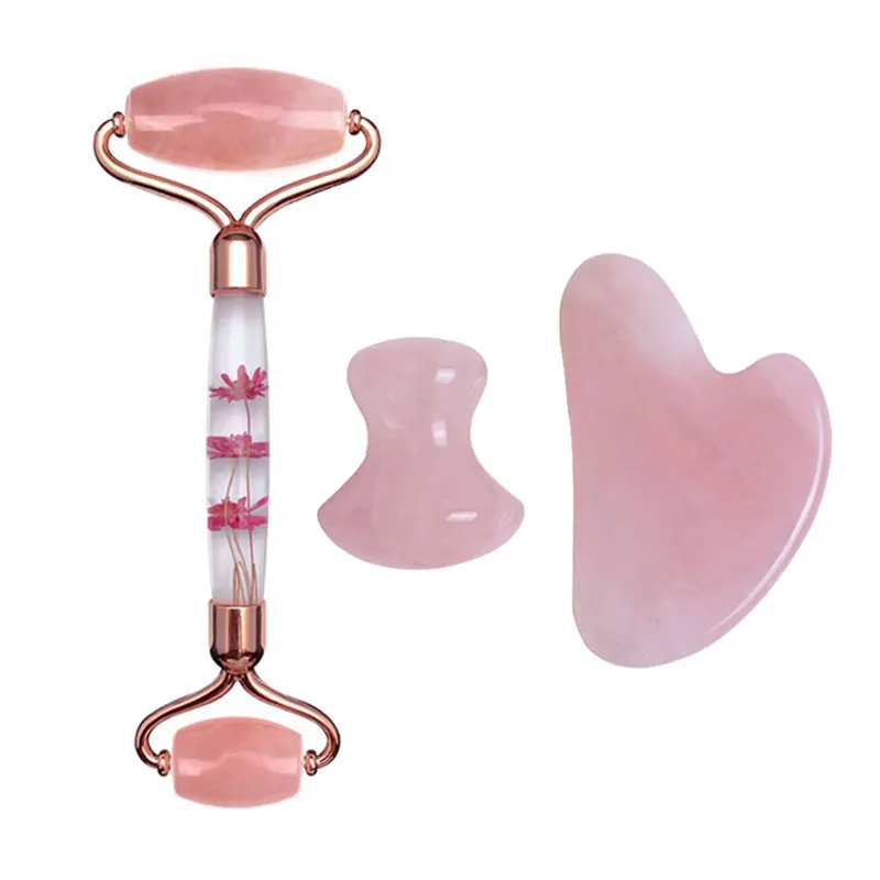 Rose Quartz Jade Roller Eternal Flower Set Gouache Scraper Face Massage Natural Stone Facial Roller Jade Massager Gua Sha Tools