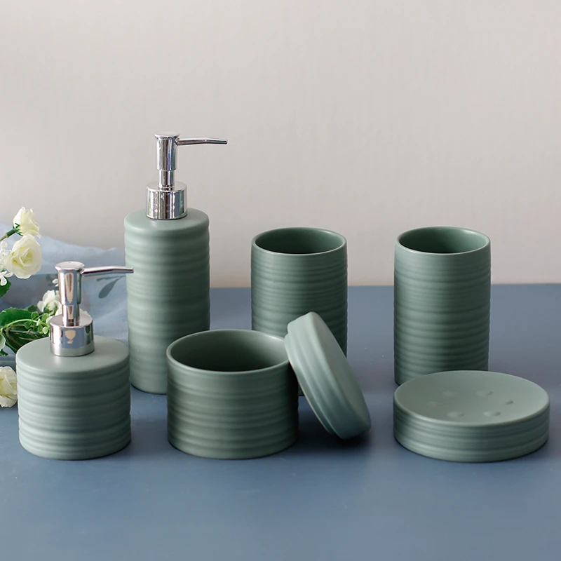 Matte Green Ceramic Bathroom Accessories Set Lotion Bottle/Jewelry Box/Tumbler/Soap Dish Bathroom Organizer for Home Hotel