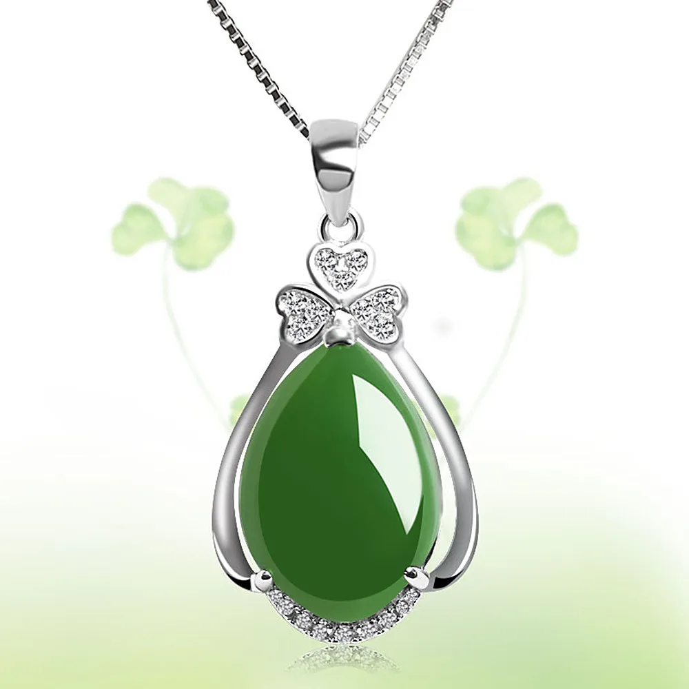 Fashion drop clover green jade emerald gemstones diamonds pendant necklaces for women white gold silver color choker jewelry