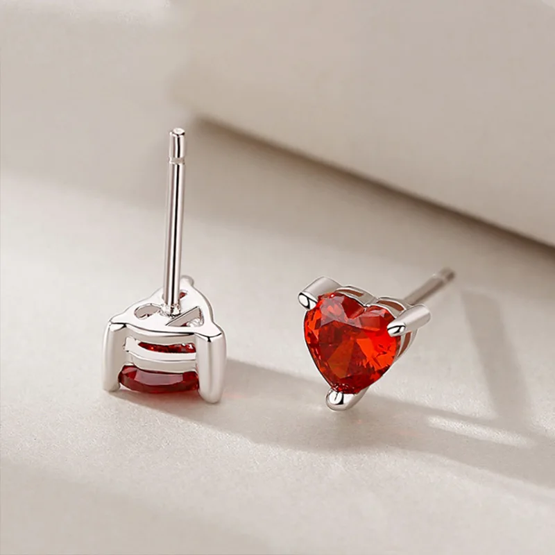 Buyee 925 Sterling Silver Small Stud Earring Light RED CRYSTAL Simple Heart Earring for Woman Fashion Party Fine Jewelry Earring