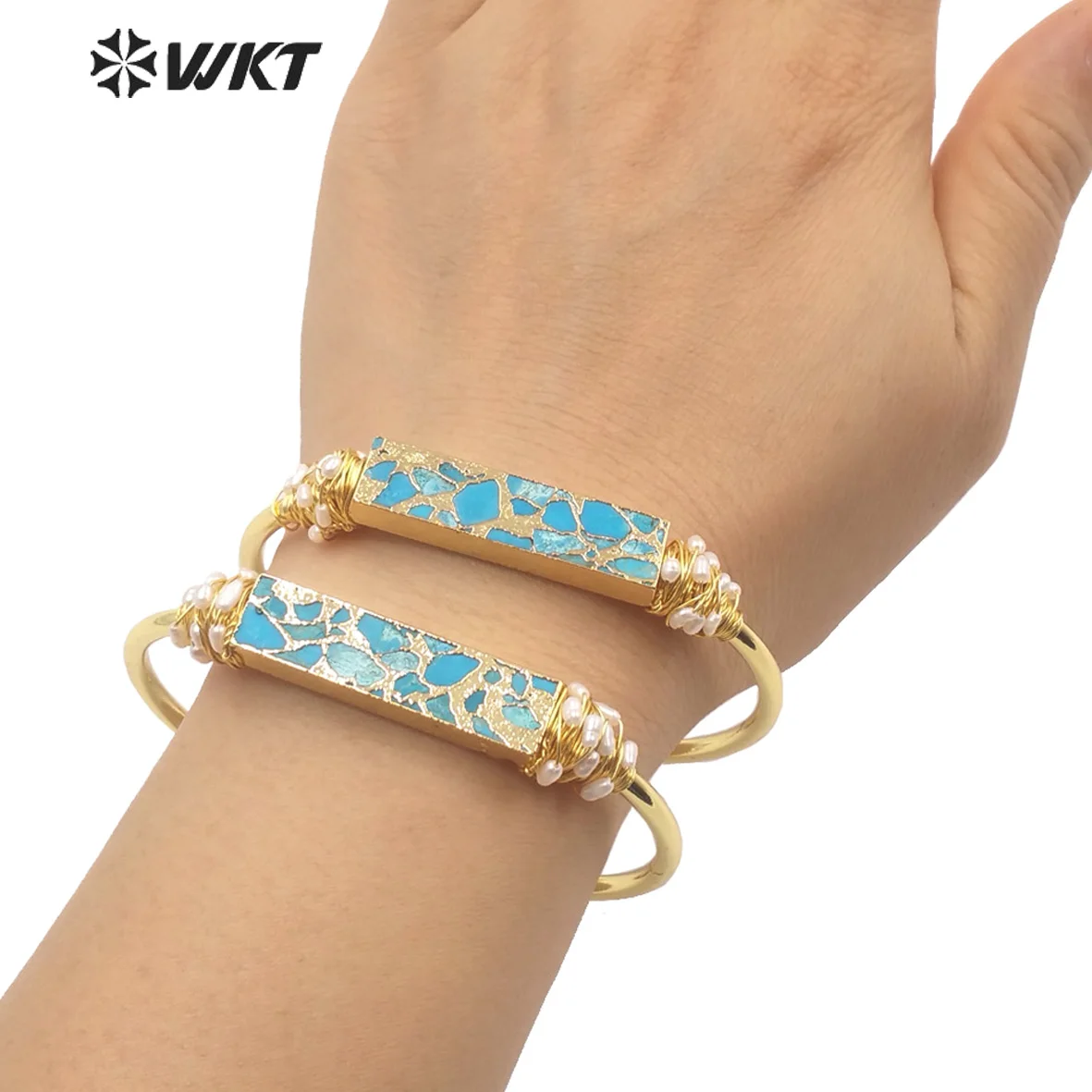 WT-B581 Wholesale Gorgeous Copper Natural Turquoises Stone Bangle Gold Plated Resist Tarnishable Wire Wrapped Adjustable Size