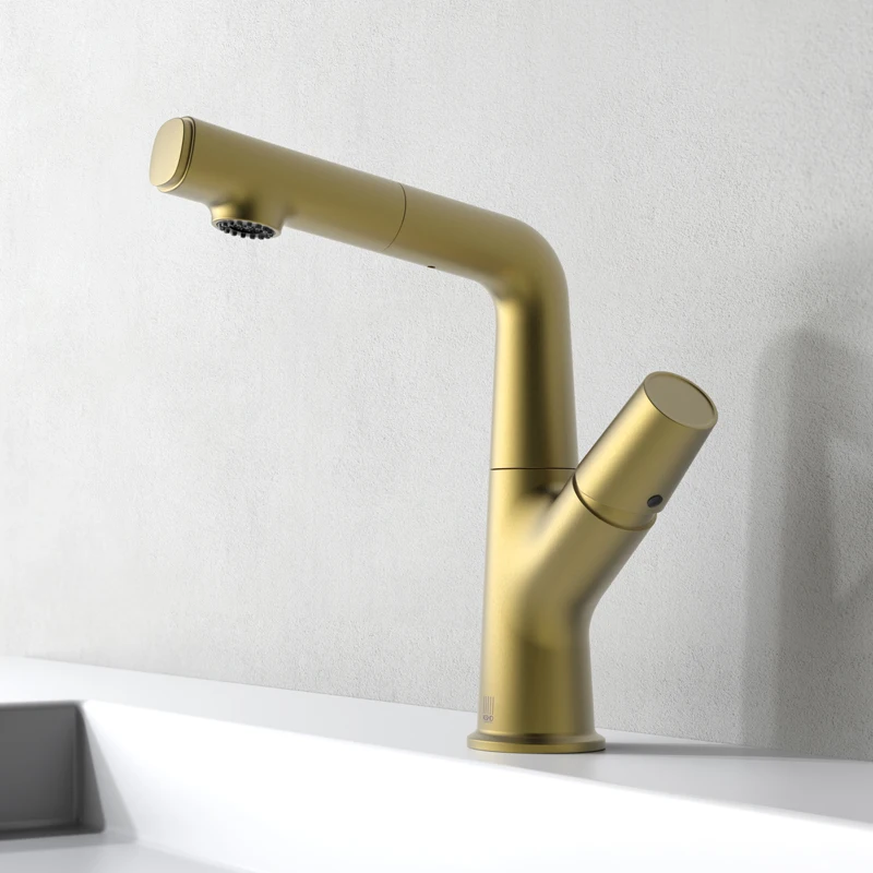 Luxury brass brushed gold bathroom sink faucet multifunctional pull out basin faucet Liftable rotatable push-button change