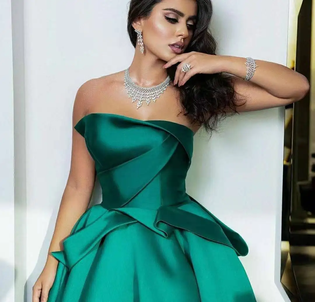 Linha a longo cetim verde vestidos de noite com bolsos até o chão corset voltar plissado abendkleider formal vestidos de festa para mulher