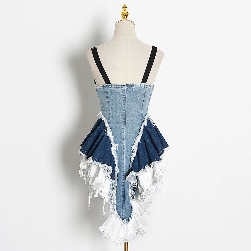 TWOTWINSTYLE Sexy Patchwork Denim Women Tops Square Collar Sleeveless Spaghetti Strap Tunic Mesh Ruffles Hit Color Vests Female