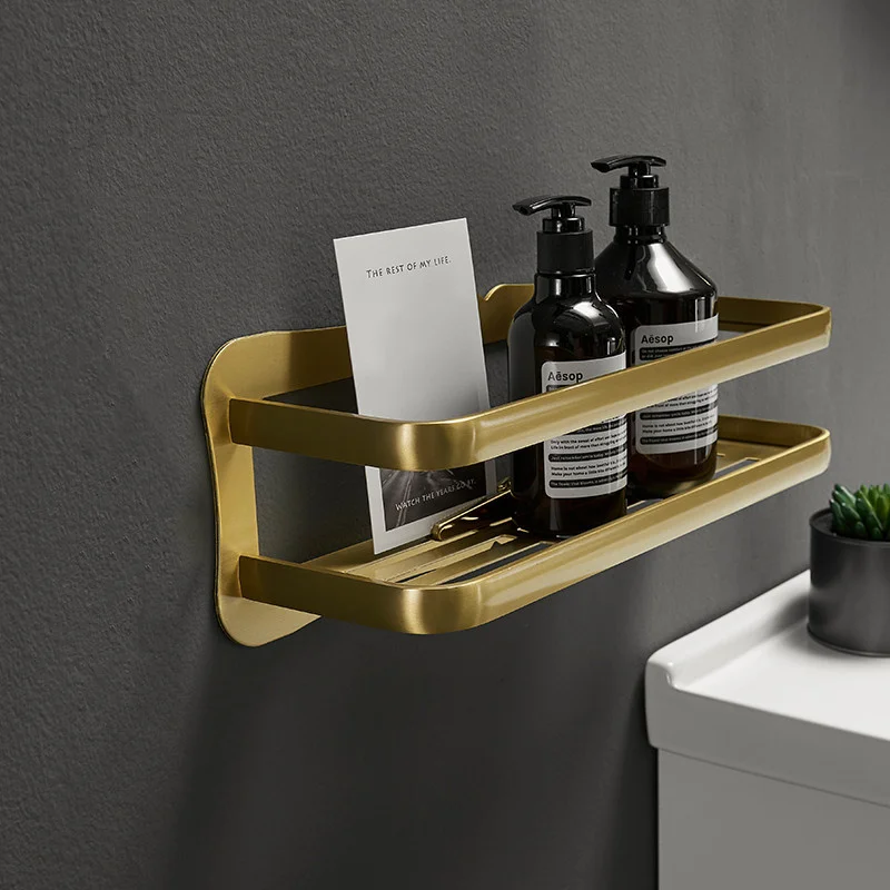 Brushed Gold Bathroom Shelf Aluninum Shower Shampoo Soap Cosmetic Kitchen Corner Holder Single Tier Bath Accessories Nail Free