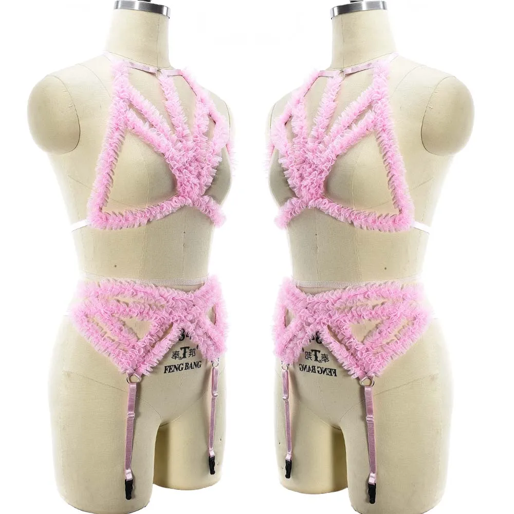 Sexy Wedding Lingerie Body Harness Set Pink Open Chest Cage Bra Goth Stockings Garter Belt Bondage Body Cage Harness Woman