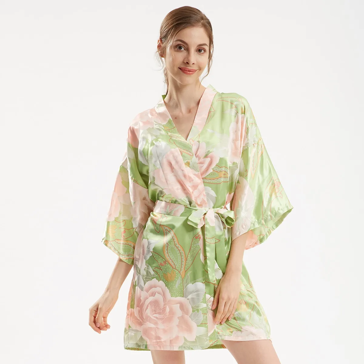 Raso Femminile Kimono Accappatoio Abito Sexy Del Fiore Della Stampa Camicia Da Notte di Seta Sposa Damigella D'onore di Cerimonia Nuziale Robe Degli Indumenti Da Notte Morbido Vestiti A Casa