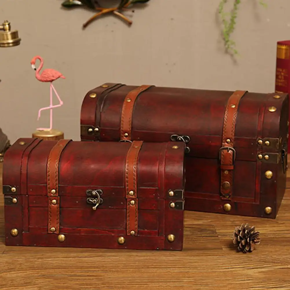 European Retro Wooden Box Red Leather Vintage Treasure Chest Jewelry Storage Box Photography Shooting Props Home Decoration