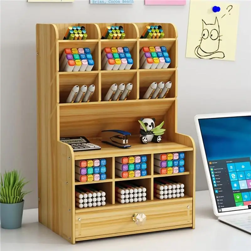 

Creative Wooden Desktop Lattice Pen Holder Storage Box Office Stationary Storage Box School Desk Stand Case Makeup Rangement