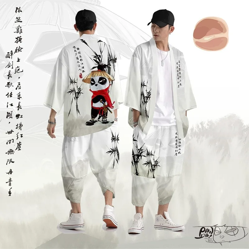 

Men Chinese Style Casual Loose Panda Print Jackets Robe Gowns Kung Fu Tang Suit Japanese Kimono Haori Cardigan Shirts Coat Pants