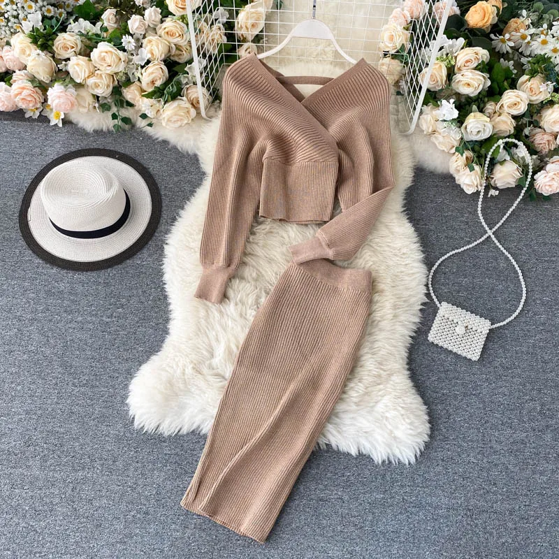 Croysier Winter dwuczęściowy zestaw kobiet sweter Top i spódnica 2 sztuka dzianiny zestaw kobiet ubrania eleganckie Sexy Bodycon zestawy stroje