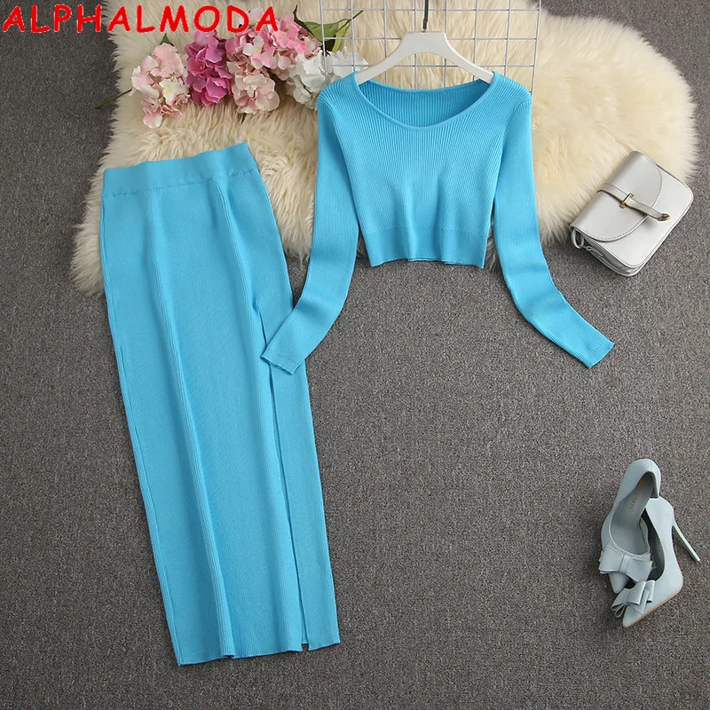 ALPHALMODA 2021 Autumn New Short Sweater Long Split Skirt Women Chic 2pcs Suit Pullovers Long-sleeved Jumper Maxi Skirt 2pcs Set