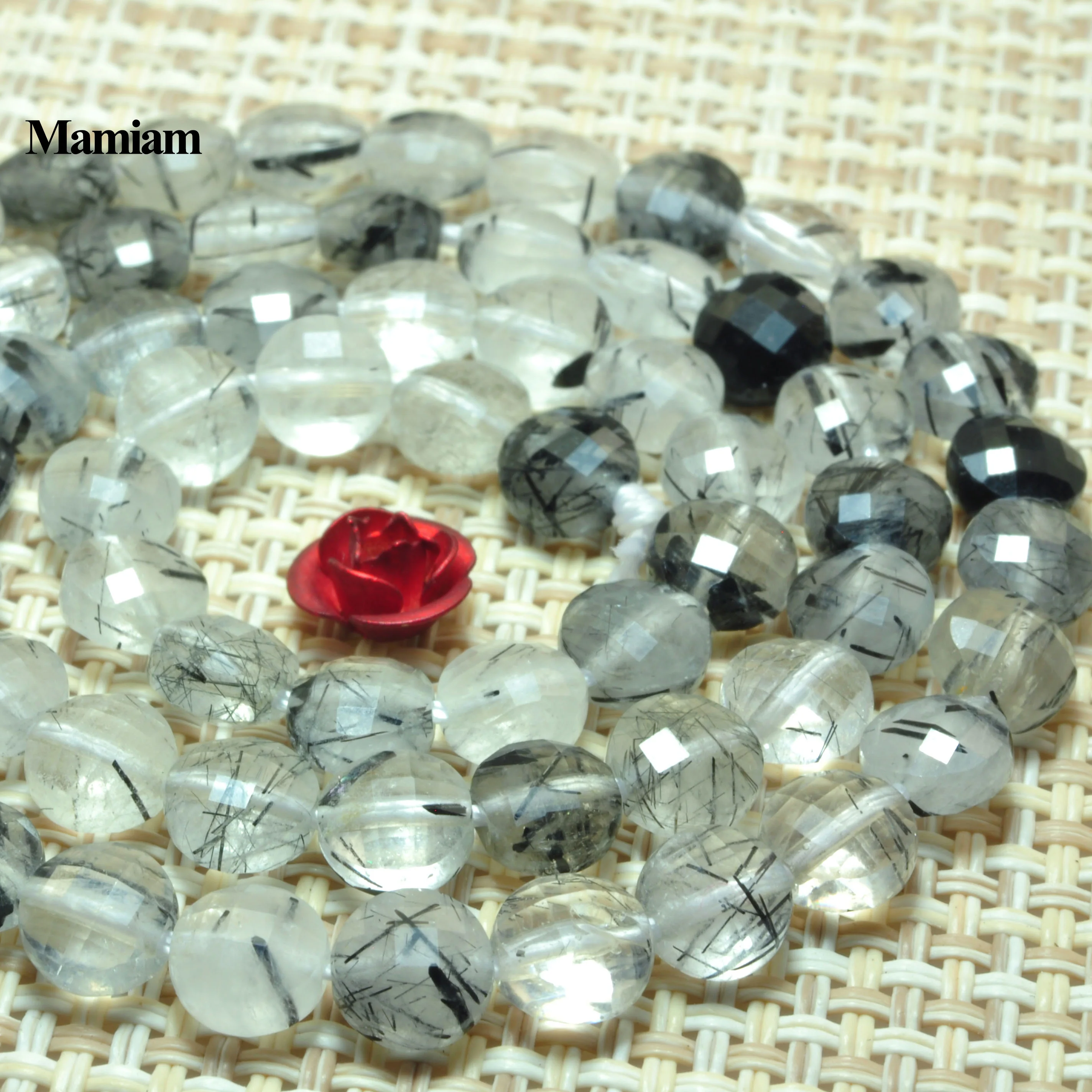 Mamiam Natural Black Rutilated Quartz Faceted Flat Stone Smooth Round Beads 4mm 6mm DIY Bracelet Necklace Jewelry Making Design