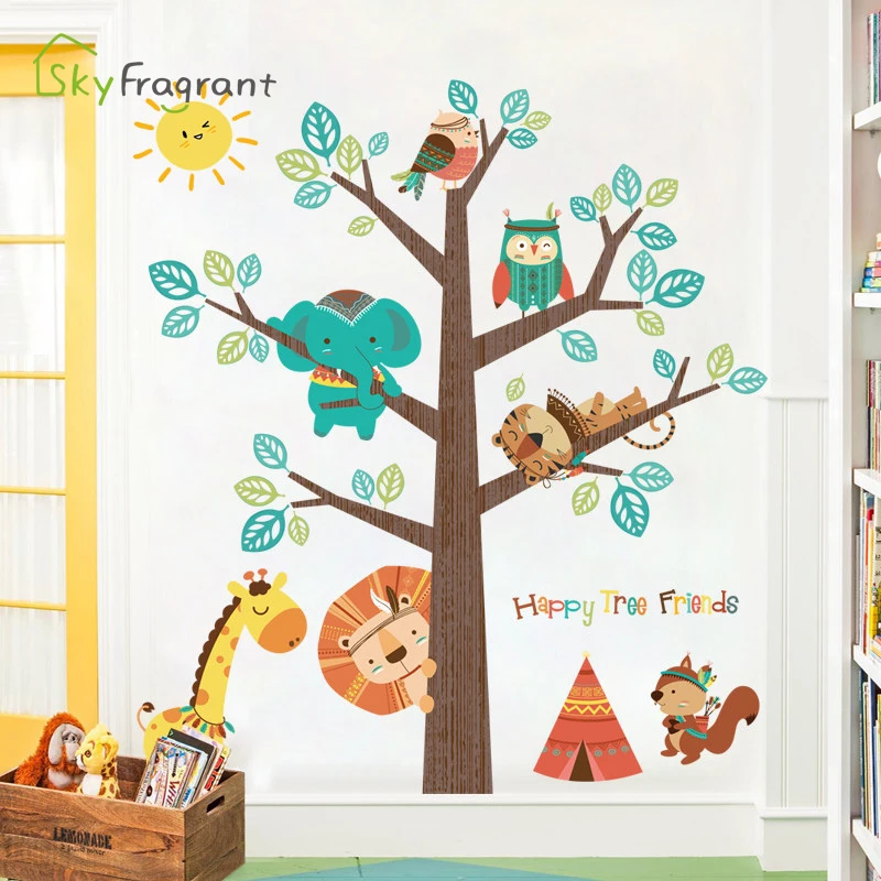 Large Cartoon Wall Stickers Kids Room Background Wall Decor Animals Tree Sticker Baby Bedroom Decor Self-adhesive Home Decor