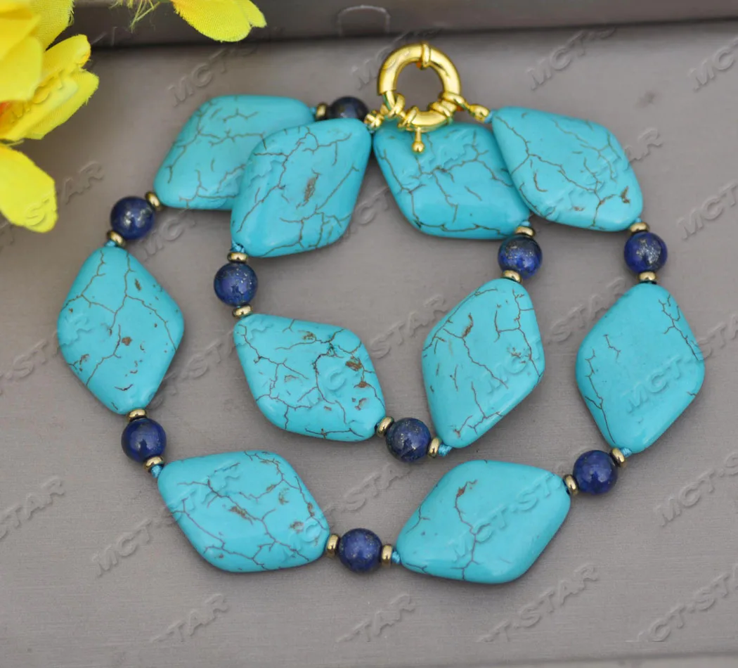 

Z11755 19'' 33mm Blue Square Turquoise Round Lapis Lazuli Necklace