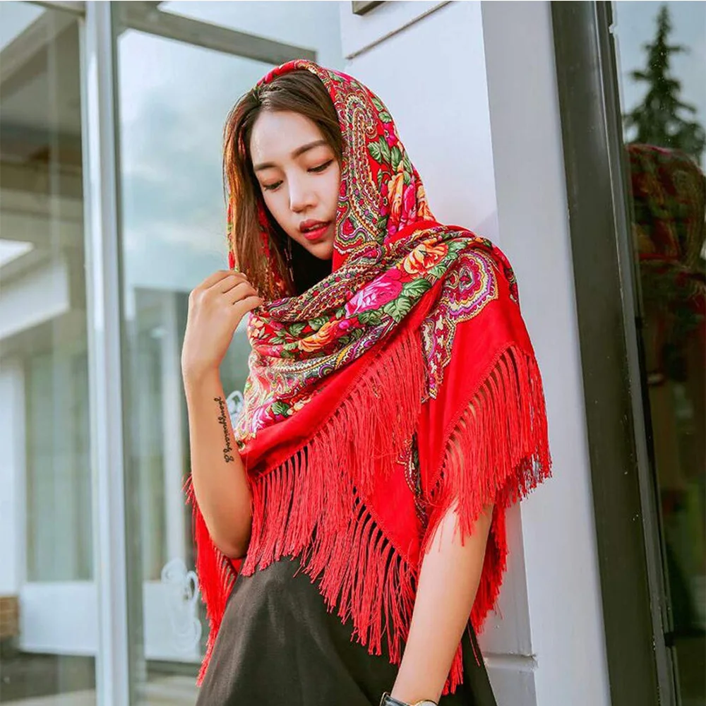 90cm*90cm Russian Brand Big Size Square Scarf Cotton Long Tassel Scarf Spring Winter Shawl Women Floural Pashmina Cape