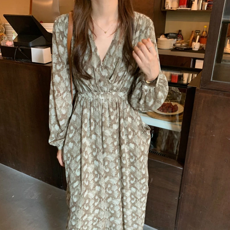 

2020 Women Spring Autumn V Neck Slim Waist Long Chiffon Dress Full Sleeve Snakeskin Pattern A-line Midi Dresses