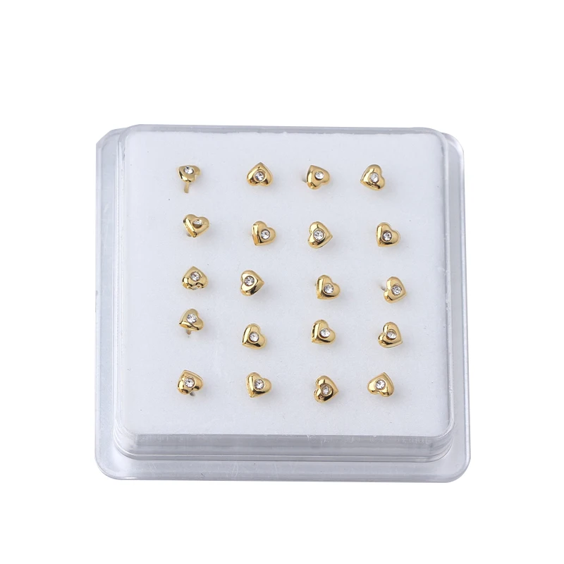 Heart Nose Stud Rings for Women Girl White Crystal Gold Color Adjustable Bendable Ball Nose Pin Piercing 20pcs