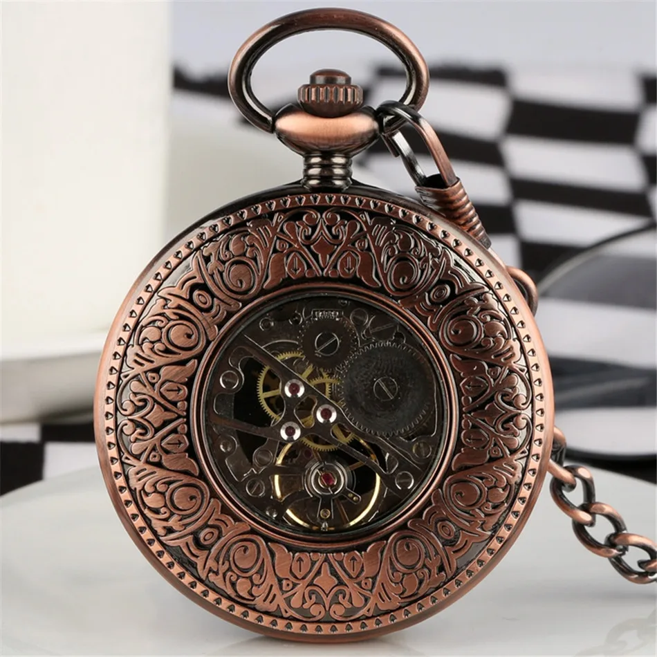 Steampunk Vintage Train Pattern Mechanical Hand-wind Pocket Watch Red Copper Pendant Antique Clock Manual Mechanism Timepiece