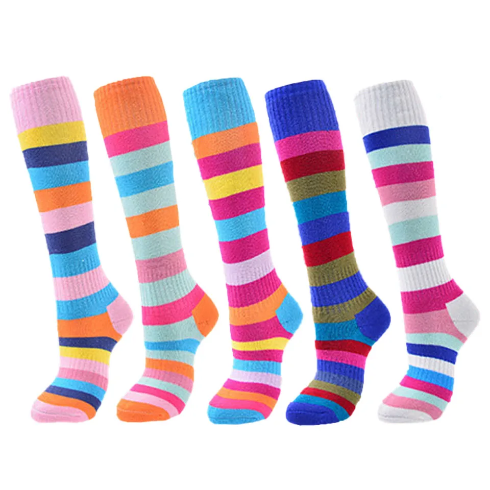 GOBYGO Skiing Socks Boys Girls Outdoor Sports Thickened Full Terry Socks Long Tube Striped Children Roller Skating Ski Stockings