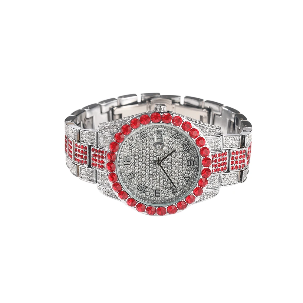 THE BLING KING Big Dial Watch Iced Out Red White Rhinestone Top Dual Calendar Men\'s Quartz Clock Luxury Waterproof Wrist Watch