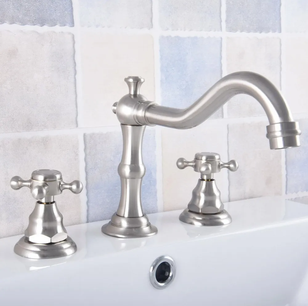 

Brushed Nickel Brass Deck Mounted Dual Handles Widespread Bathroom 3 Holes Basin Faucet Mixer Water Taps mnf689