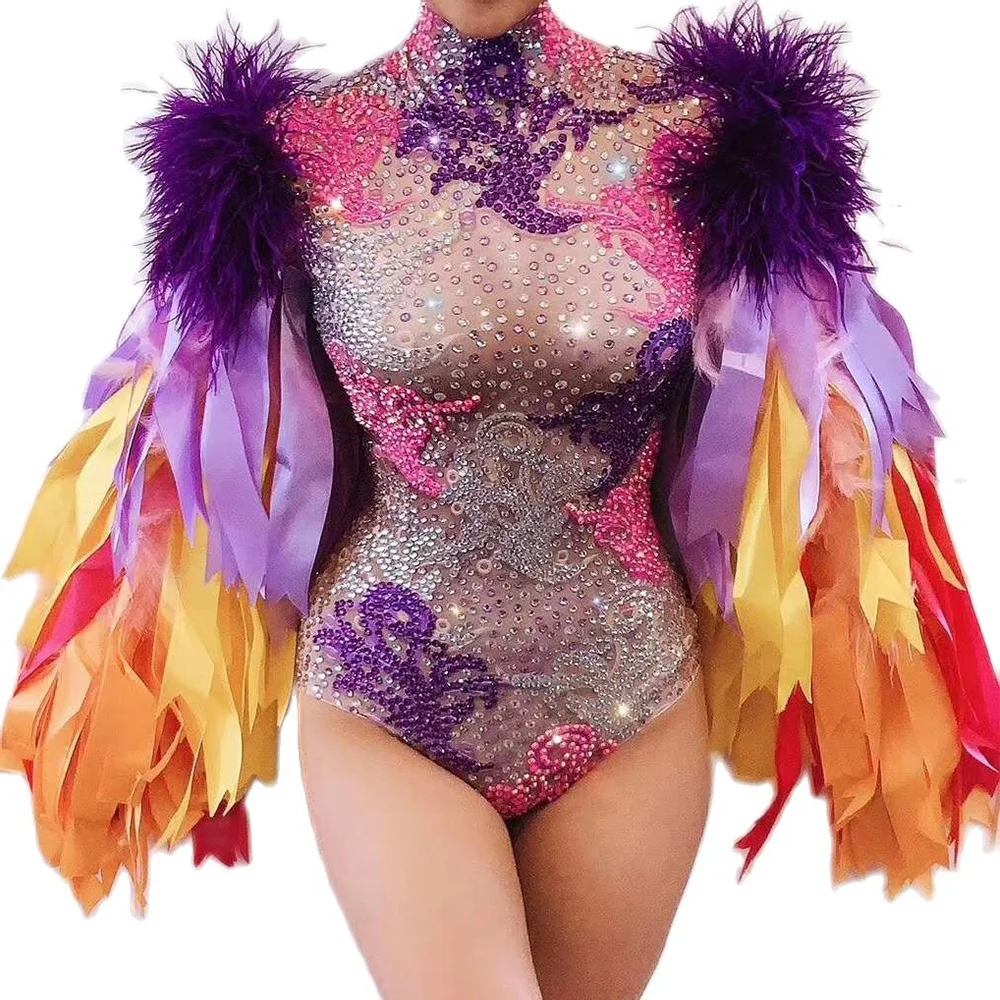 Nightclub Women Dance Show Wear Bodysuit Colored Ribbon Sleeve Feathers Rhinestones Printing Stage Performance Drag Queen Outfit