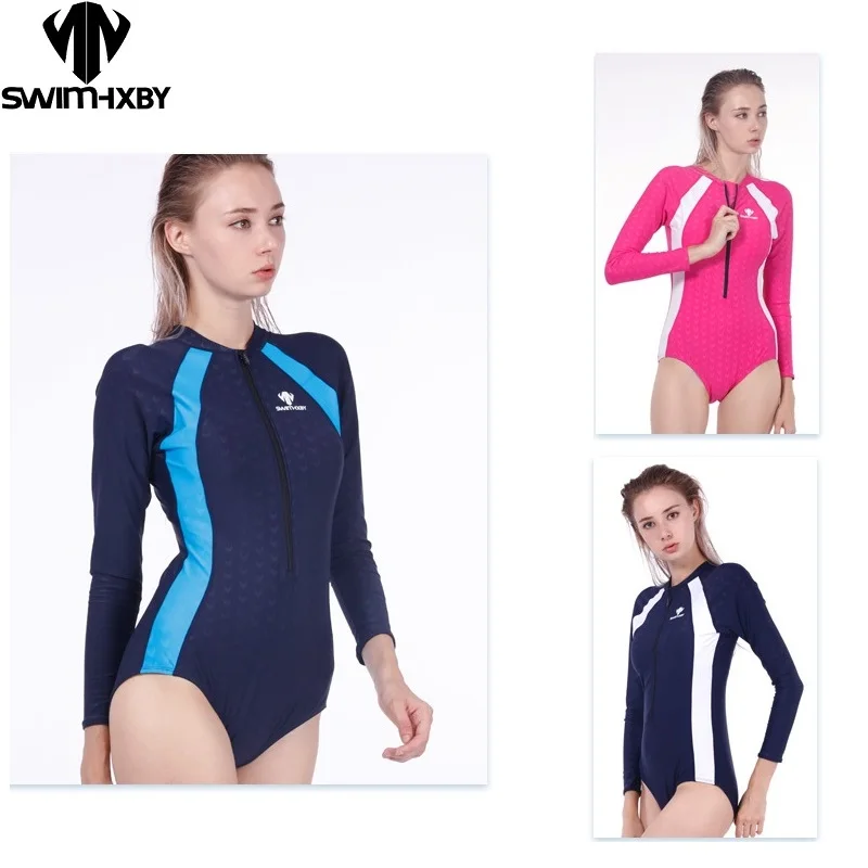 HXBY Long Sleeve Summer Zipper Racing Swimsuit Sports Professional Competition Women One Piece Swimwear Girl Bathing Suit 5XL