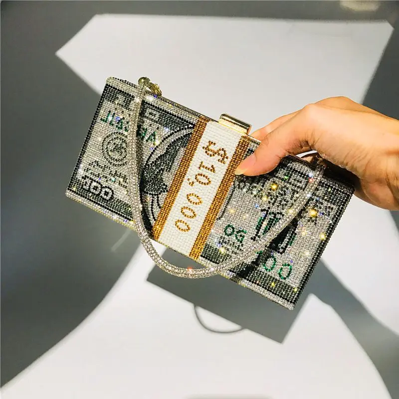 Luxury Money Clutch Rhinestone Purse 10000 Dollars Stack of Cash Evening Handbags Shoulder Wedding Dinner Bag 8 Color Wallet