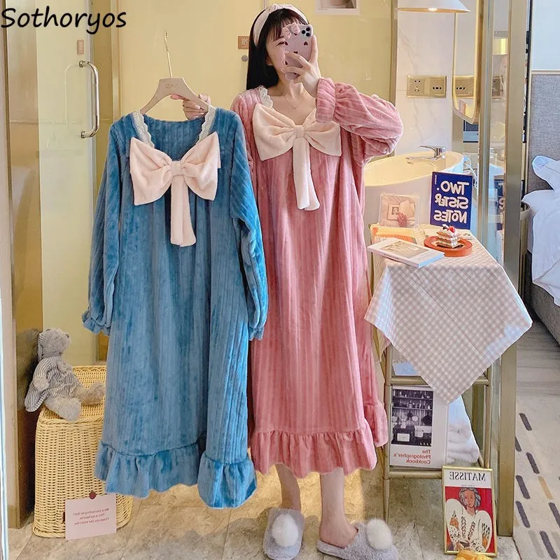 Princess Nightgowns Women Coral Velvet Thick Fuzzy Loose A-line Warm Nightdress Female Casual Long Sleeve Soft Heating Sleepwear