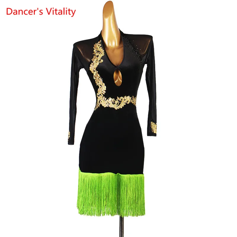 

Latin Dance Dress Tassel Lace Skirt Mesh Long Sleeves Performance Clothes Profession Custom Adult Child Competition Clothing