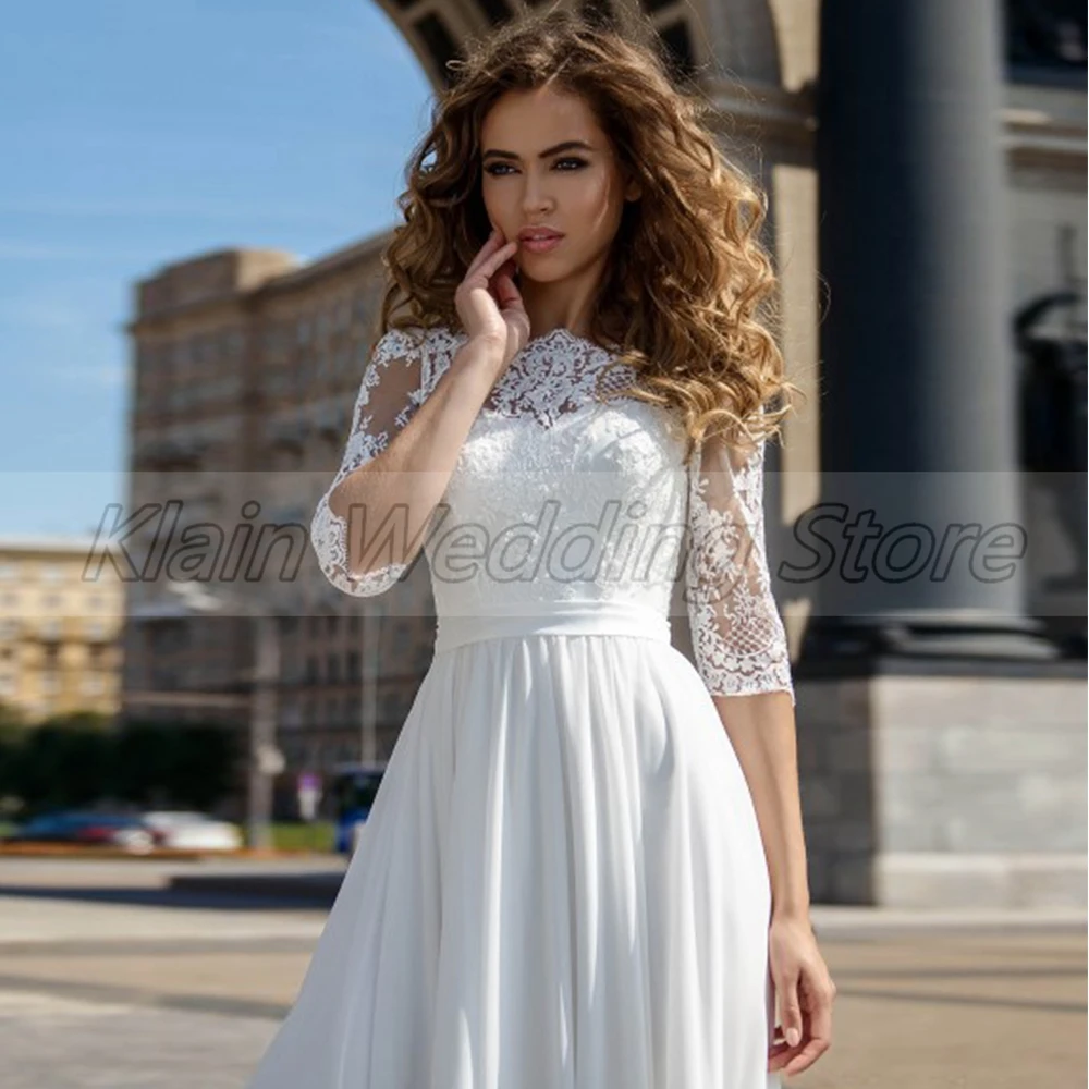 Robe de mariée classique A-ligne en mousseline de soie avec corset pour dames, dentelle Scoop et appliques, longueur au sol, demi-manches, robe de patients personnalisée