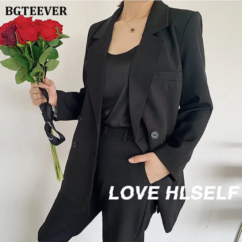 BGTEEVER Vintage Light Green Women Pant Suits Notched Collar Double Breasted Jacket & Straight Pants Ladies 2 Pieces Blazer Set