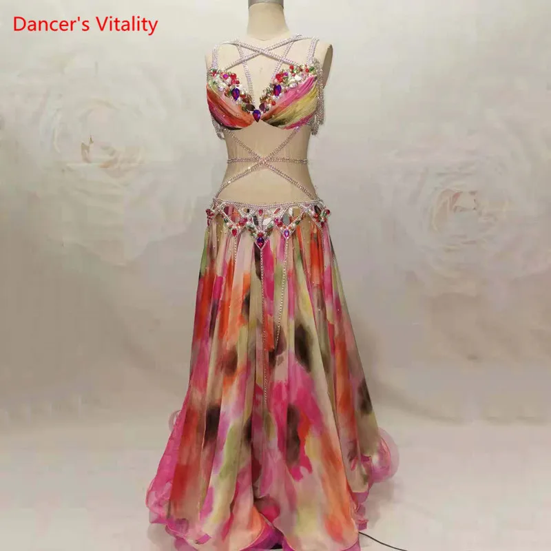 Belly Dance Set Diamond Bra Printing Skirt Performance Clothes Suit High-End Custom Adult Child Profession Competition Clothing