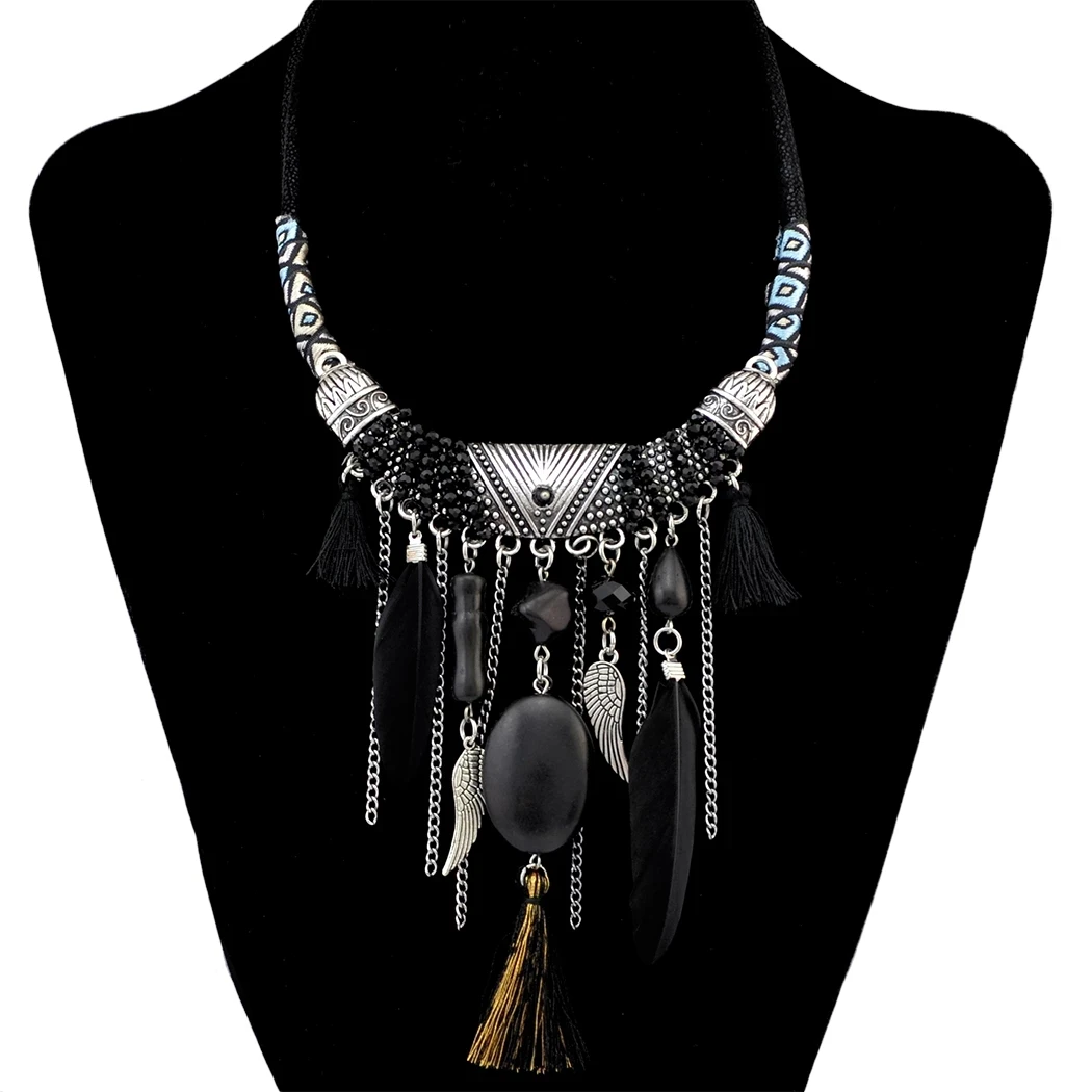 Ethnic Vintage Boho Thread Long Tassel Necklaces For Women Feather Beads Necklace Bohemian Gypsy Turkish Party Jewelry Gift