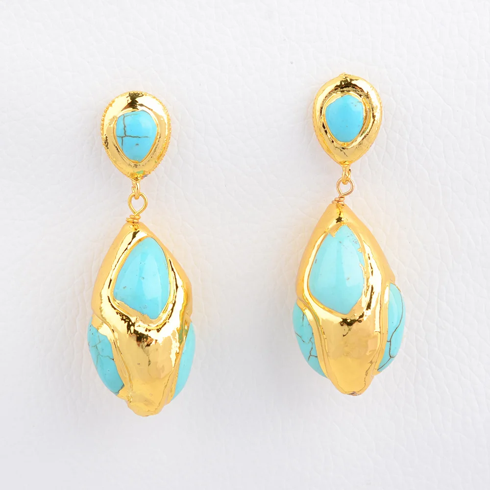 Pendientes chapados en oro amarillo y piedra azul para mujer, 17x33MM