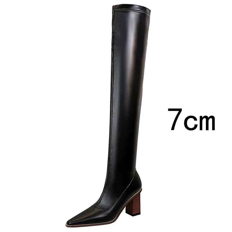 BIGTREE Shoes Sexy Over-the-knee Boots Women Shoes Pointed Toe Leather Boots Wood Grain Thick Heel Long Boots High-Heeled Boots