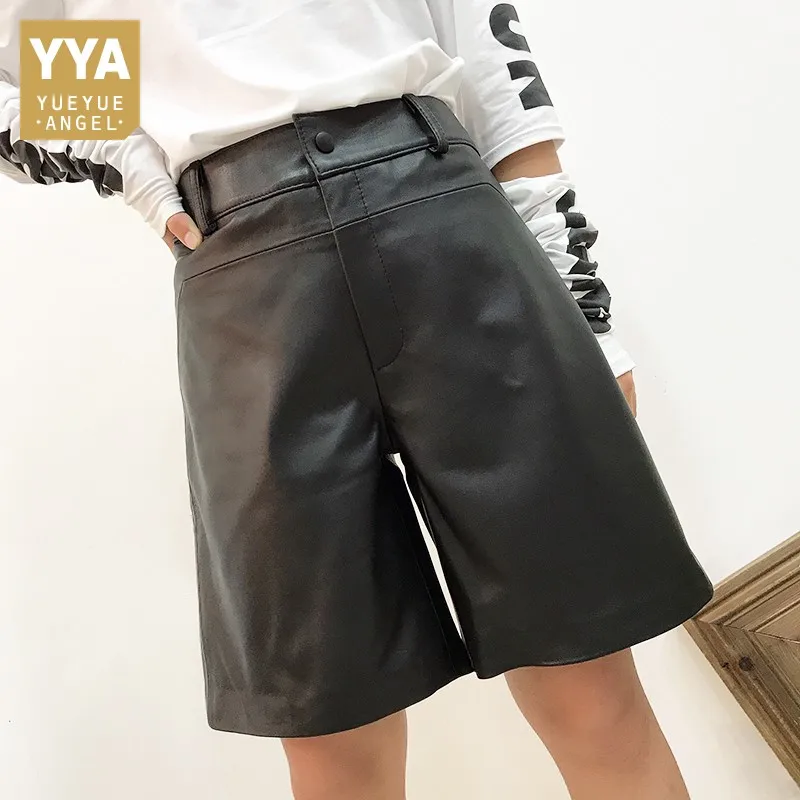 Fashion Casual Knee Length Shorts Women Loose Fit High Waist Sheepskin Genuine Leather Shorts Joggers Short Trousers Female 3XL