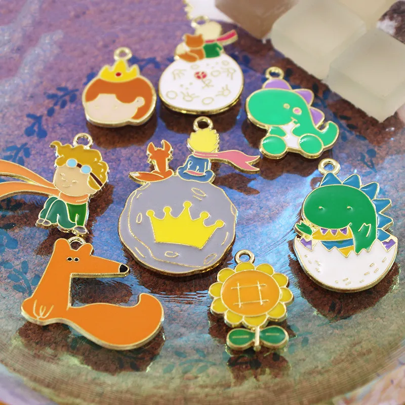 10PCS Cartoon Prince Fox Dinosaur Alloy Drip Diy Jewelry Accessories Earrings Pendant