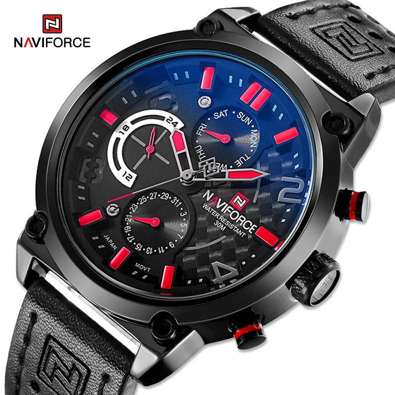 NAVIFORCE Fashion Casual Sport Watches For Men Luxury Brand Military Genuine Leather Quartz WristWatch Man Waterproof Date Clock