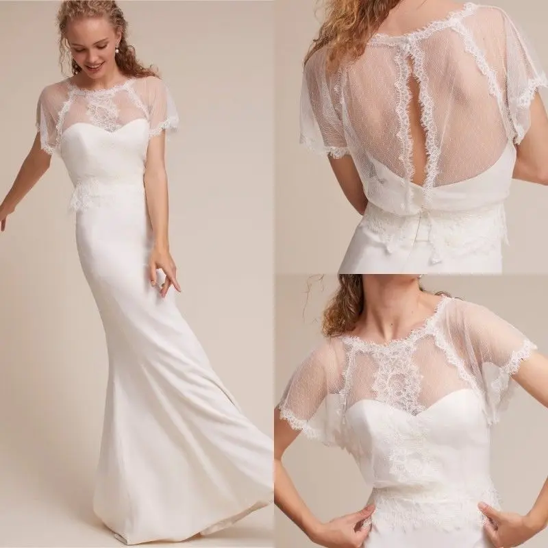 New Sexy Mulheres's Tulle Lace Manga Curta Casamento Branco Marfim Bolero Cap Jaquetas Sheer Boleros Custom Made Jaqueta De Noiva