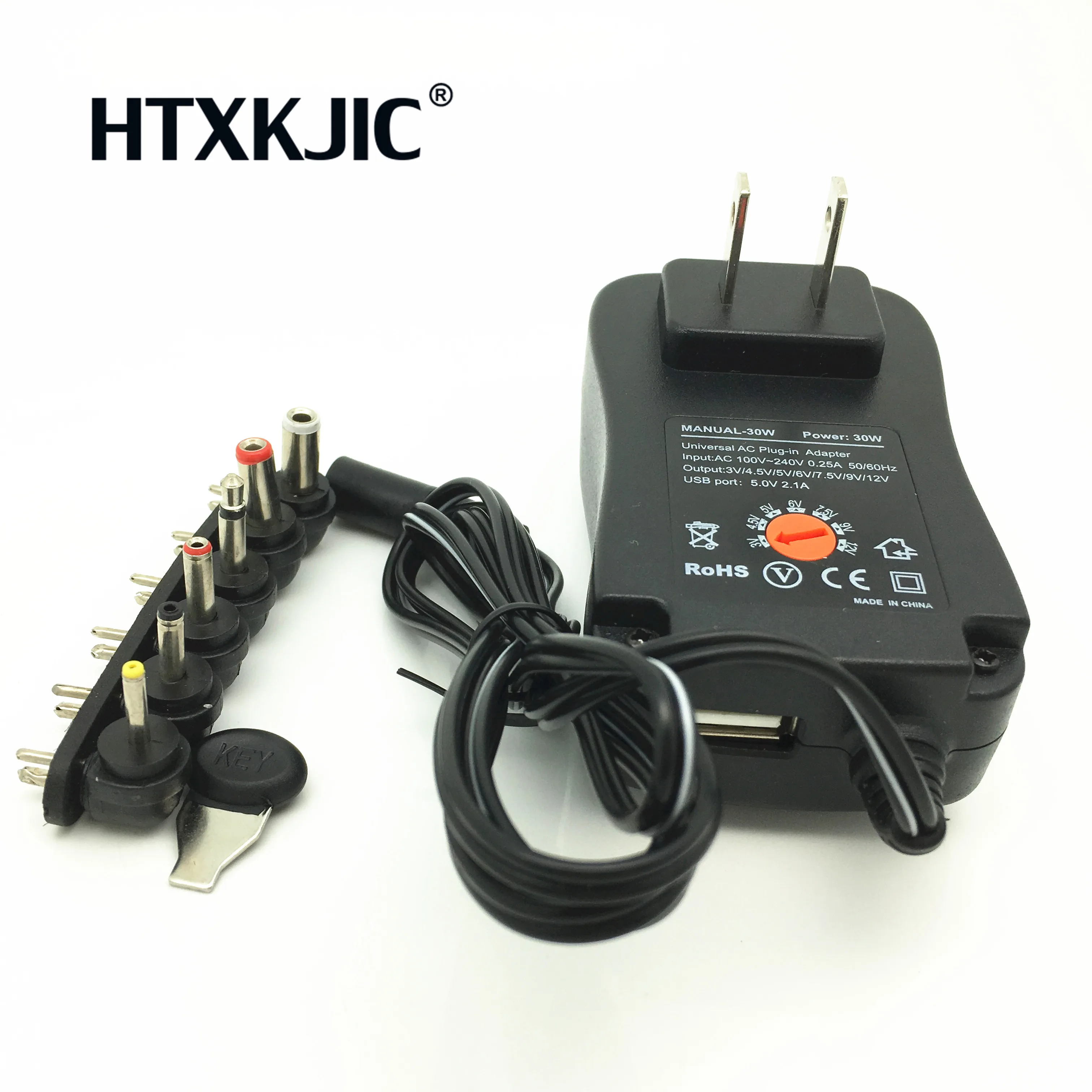 

Universal AC / DC Power Adapter Supply 5V 2.1A USB Port 6 Tips 30W 3V/4.5V/5V/6V/7.5V/9V/12V