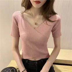 Woman TShirts Summer Cross V-neck Tight Short-Sleeved Top T-shirt Crop Top Mujer Camisetas
