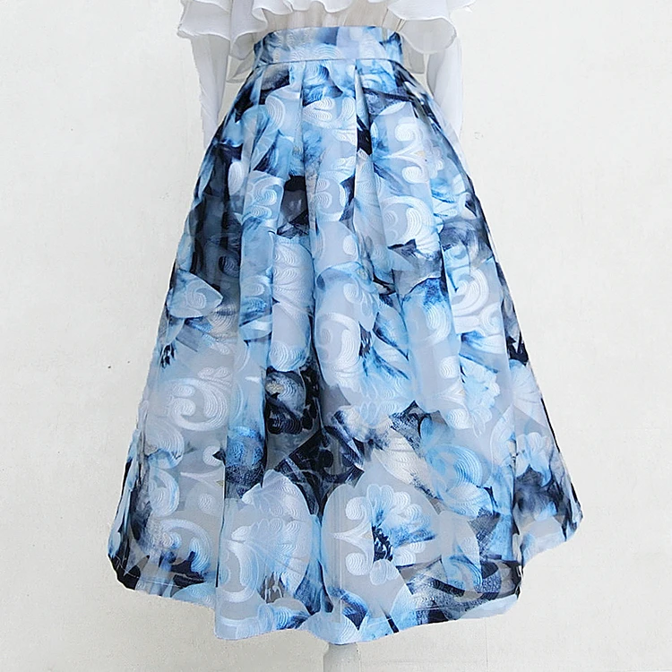 

autumn new organza printed umbrella skirt women high waist pleated ball gown skirt knee length